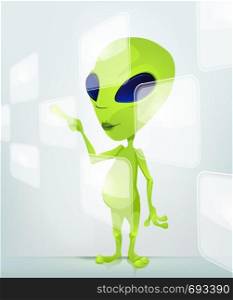 Cartoon Character Funny Alien Isolated on Grey Gradient Background. Touch Screen. Vector EPS 10.