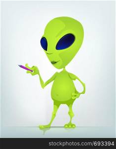 Cartoon Character Funny Alien Isolated on Grey Gradient Background. Writer . Vector EPS 10.