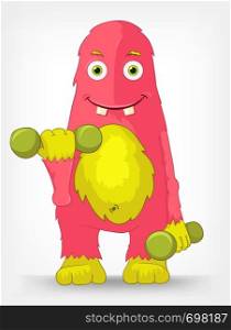 Cartoon Character Funny Monster Isolated on Grey Gradient Background. Gym. Vector EPS 10.