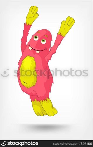 Cartoon Character Funny Monster Isolated on Grey Gradient Background. Jumping. Vector EPS 10.