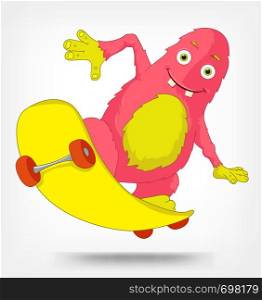 Cartoon Character Funny Monster Isolated on Grey Gradient Background. Skateboarding. Vector EPS 10.