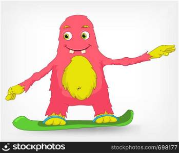 Cartoon Character Funny Monster Isolated on Grey Gradient Background. Snowboarding. Vector EPS 10.
