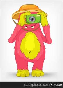 Cartoon Character Funny Monster Isolated on Grey Gradient Background. Tourist Photographer. Vector EPS 10.