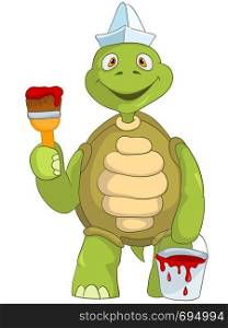 Cartoon Character Funny Turtle Isolated on White Background. Painter. Vector EPS 10.