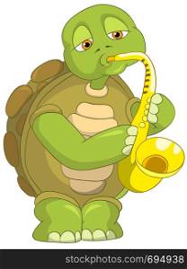 Cartoon Character Funny Turtle Isolated on White Background. Saxophonist. Vector EPS 10.