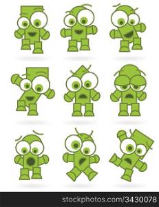Cartoon Character Green Monsters or Robots Set with positive and negative emotions and poses isolated on white background, vector image.