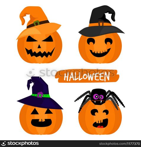 Cartoon character halloween pumpkins isolated on white background, vector illustration. Halloween pumpkins isolated on white