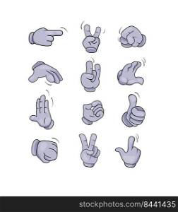 Cartoon character hands gestures set. Gloves, pointing finger, hand stop sign, like, peace, victory, fist. Vector illustration for communication, greeting, emotion expression concepts