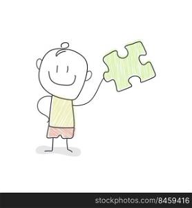 cartoon character holds a puzzle element in his hand. Conceptual illustration for creative design. Flat style