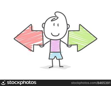 cartoon character holds the arrow to the right and left. An illustration for visualizing the direction of movement and creative design. Flat style