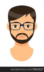 Cartoon character in eyeglasses. Concept of avatar of bearded man with bad eyesight. Isolated at white portrait of programmer or hipster. Brown-haired adult guy. Handsome male. Face of white man. Portrait of young bearded man in eyeglasses, hipster with stylish haircut, icon of man face