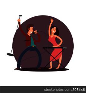 Cartoon character male singer and female pianist vector design icon isolated illustration. Cartoon character male singer and female pianist vector design