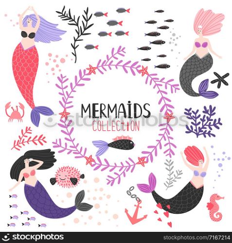 Cartoon character mermaids and fishes vector collection on white background. Cartoon character mermaids and fishes