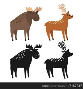 Cartoon character moose and deer and animal silhouettes vector illustration. Silhouette of deer and elk, reindeer and moose. Cartoon character moose and deer and animal silhouettes vector illustration
