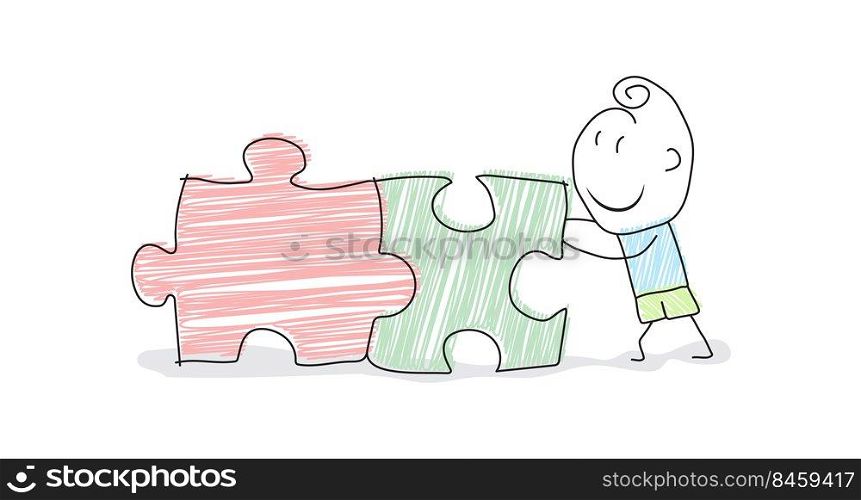 cartoon character moves and connects two pieces of the puzzle. Conceptual illustration for creative design. Flat style