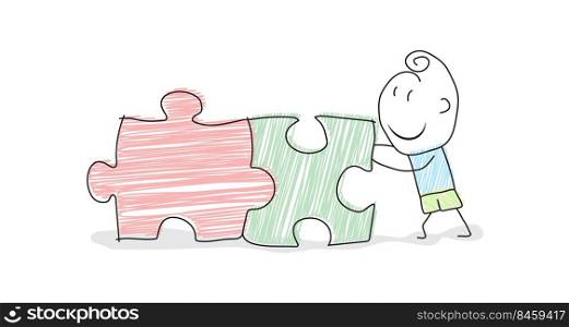 cartoon character moves and connects two pieces of the puzzle. Conceptual illustration for creative design. Flat style