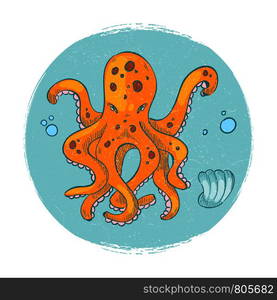 Cartoon character octopus emblem. Grunge vector ocean animal logo icon isolated illustration. Cartoon character octopus emblem. Grunge vector ocean animal logo