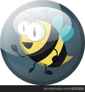 Cartoon character of a bee vector illustration in grey blue circle on white background.