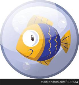 Cartoon character of a blue and yellow fish smiling in the water vector illustration in light purple circle on white background.