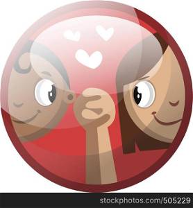 Cartoon character of a boy and a girl holding hands vector illustration in red circle on white background.