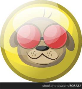Cartoon character of a brown dog with red sunglasses smiling vector illustration in yellow circle on white background.