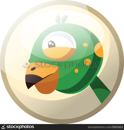 Cartoon character of a greeen bird head with yellow dotts vector illustration in grey light circle on white background.