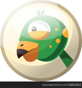 Cartoon character of a greeen bird head with yellow dotts vector illustration in grey light circle on white background.