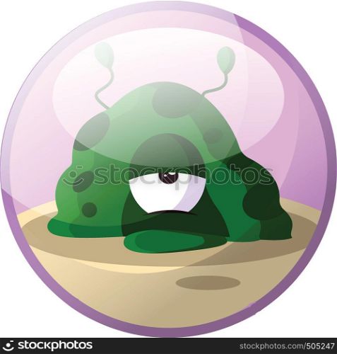 Cartoon character of a green monster looking tired vector illustration in light purple circle on white background.