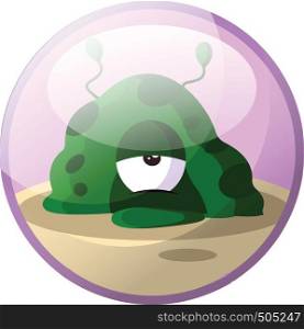 Cartoon character of a green monster looking tired vector illustration in light purple circle on white background.