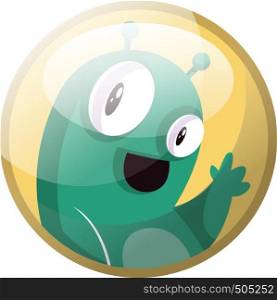 Cartoon character of a green monster waving vector illustration in yellow circle on white background.