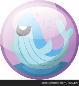 Cartoon character of a happy blue whale in the water vector illustration in light purple circle on white background.