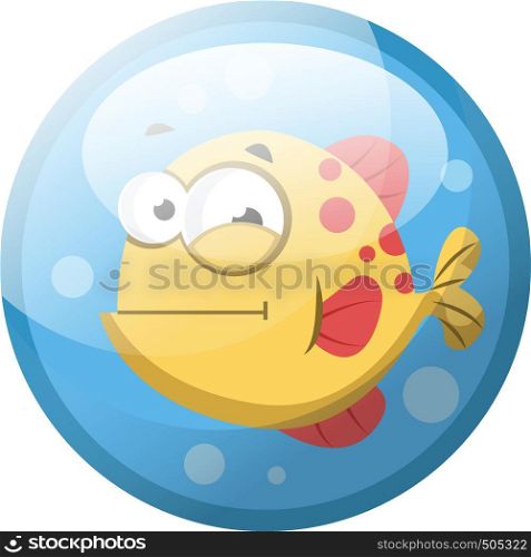 Cartoon character of a red and yellow fish in the water vector illustration in light blue circle on white background.
