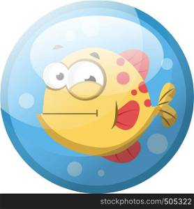 Cartoon character of a red and yellow fish in the water vector illustration in light blue circle on white background.