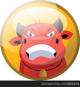 Cartoon character of a red angry bull vector illustration in yellow circle on white background.