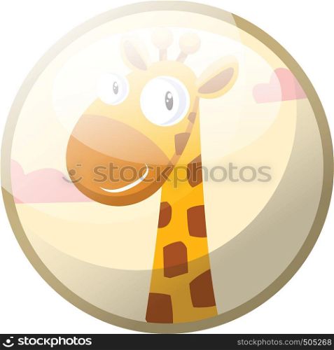 Cartoon character of a yellow giraffe with brown dots smiling vector illustration in light grey circle on white background.