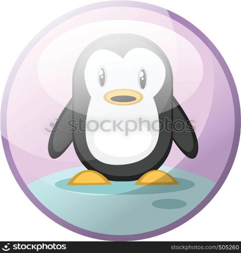 Cartoon character of black and white penguin standing on snow vector illustration in light violet circle on white background.