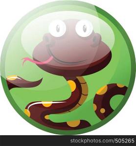 Cartoon character of dark red with yellow dots smiling snake vector illustration in light green circle on white background.