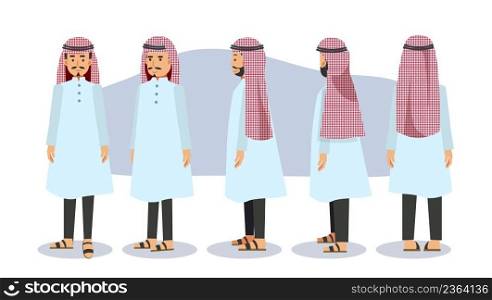 Cartoon character of muslim,arab man. front, side, back, 3-4 view character. flat vector illustration. 