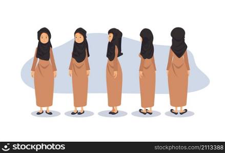 Cartoon character of muslim woman. front, side, back, 3-4 view character. flat vector illustration.