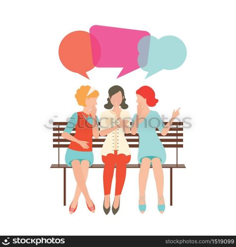 Cartoon character of women with colorful dialog speech bubbles, woman gossip conceptual vector illustration.