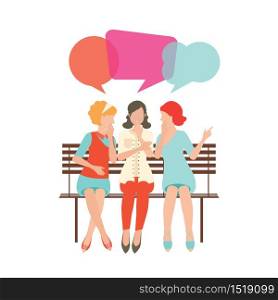 Cartoon character of women with colorful dialog speech bubbles, woman gossip conceptual vector illustration.