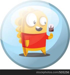 Cartoon character of yellow monster in red shirt eating an icecream vector illustration in light blue circle on white background.