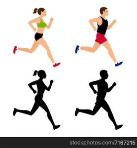 Cartoon character running people. Vector female and male jogging isolated on white background. Cartoon character running people