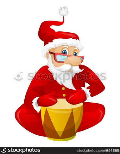 Cartoon Character Santa Claus Isolated on Grey Gradient Background. Drummer. Vector EPS 10.