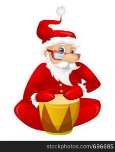 Cartoon Character Santa Claus Isolated on Grey Gradient Background. Drummer. Vector EPS 10.