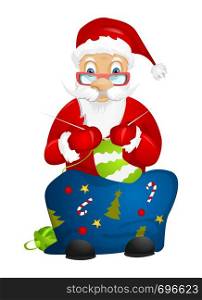 Cartoon Character Santa Claus Isolated on Grey Gradient Background. Kniting. Vector EPS 10.