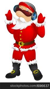 Cartoon Character Santa Claus Isolated on Grey Gradient Background. Listening to Music. Vector EPS 10.