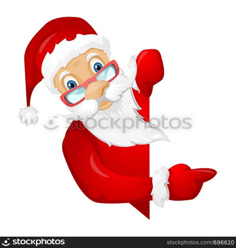 Cartoon Character Santa Claus Isolated on Grey Gradient Background. Look out. Vector EPS 10.