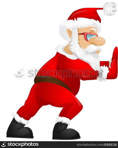 Cartoon Character Santa Claus Isolated on Grey Gradient Background. Pushing. Vector EPS 10.