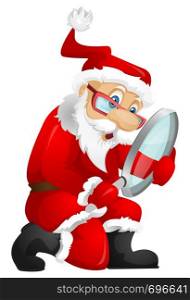 Cartoon Character Santa Claus Isolated on Grey Gradient Background. Search. Vector EPS 10.